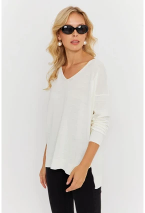 Kadın Ekru V Yaka Triko Kazak YİL549