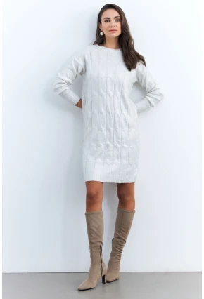 Kadın Ekru Varaklı Triko Midi Elbise NAR446