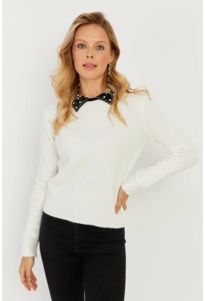 Kadın Ekru Yakası Taşlı Triko Kazak KED1213