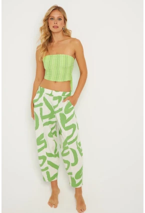 Kadın Ekru-Yeşil Desenli Keten Şalvar Pantolon K1253