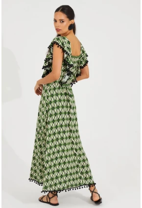 Kadın Ekru-Yeşil Sırtı Gipeli Kare Yaka Elbise BK1650