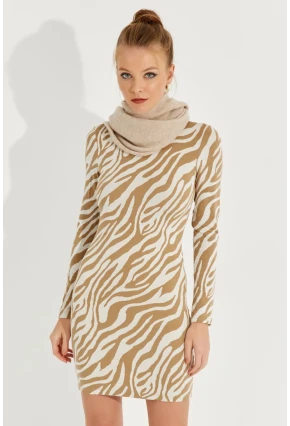 Kadın Ekru Zebra Desenli Mini Elbise AYD249