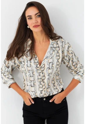 Kadın Ekru Zincir Desenli Saten Gömlek SHR9