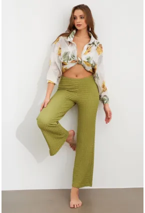 Kadın Fıstık Yeşil Gofre Pantolon ZH326