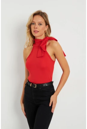 Kadın Fiyonklu Crop Bluz Kırmızı EY2726