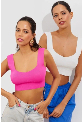 Kadın Fuşya-Beyaz İkili Triko Crop Atlet YV134