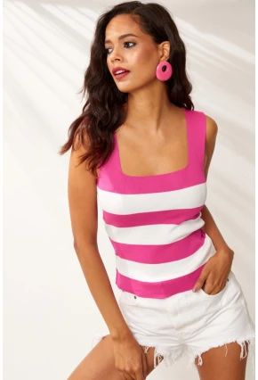 Kadın Fuşya-Beyaz Kare Yaka Triko Bluz YV80