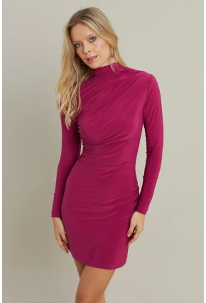 Kadın Fuşya Büzgülü Dik Yaka Mini Elbise ELT3138-90