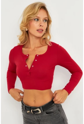 Kadın Fuşya Çıtçıtlı Crop Bluz CG379