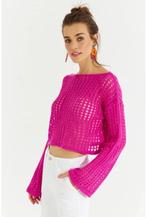Kadın Fuşya İspanyol Kol Ajurlu Triko Kısa Bluz SMT181