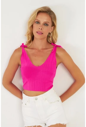 Kadın Fuşya Omuzları Bağlamalı Triko Bluz YV260