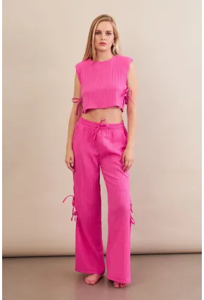 Kadın Fuşya Omuzları Vatkalı Bağlama Detaylı Alt Üst Takım KED002