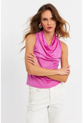 Kadın Fuşya Sırt Pencereli Desenli Bluz LPP1021