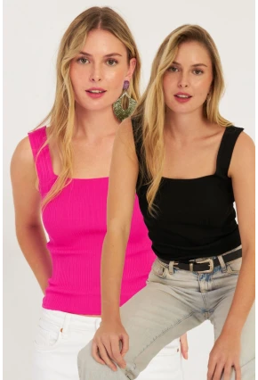 Kadın Fuşya-Siyah İkili Kare Yaka Triko Bluz SMT226