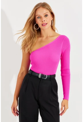 Kadın Fuşya Tek Omuz Triko Bluz YV204