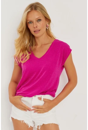 Kadın Fuşya V Yaka Simli Bluz RX436
