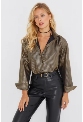 Kadın Gold Rengi Çizgili Parlak Gömlek SF2531