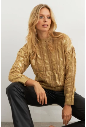 Kadın Gold Rengi Saç Örgülü Vatkalı Triko Bluz RM618