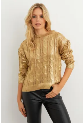 Kadın Gold Rengi Saç Örgülü Vatkalı Triko Bluz RM618