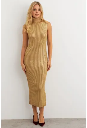 Kadın Gold Rengi Varaklı Balıkçı Maxi Elbise RM599