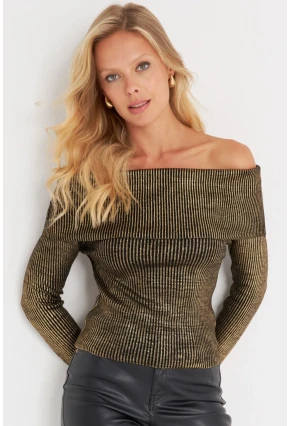 Kadın Gold Rengi Varaklı Madonna Triko Bluz SF2523