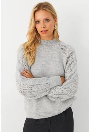 Kadın Gri Ajurlu Triko Kazak MAYD17