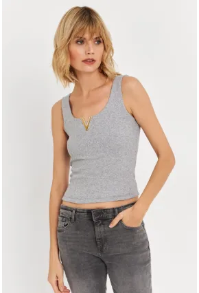 Kadın Gri Aksesuarlı Kaşkorse Bluz RLO116