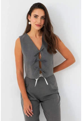 Kadın Gri Bağlama Detaylı Astarlı Yelek ELA6645