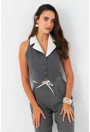 Kadın Gri-Beyaz Yaka Detaylı Astarlı Yelek ELA6823