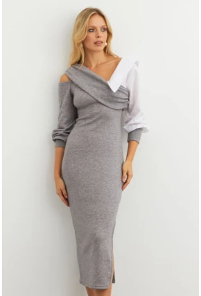 Kadın Gri Blok Kumaşlı Asimetrik Yaka Maxi Elbise KED4469