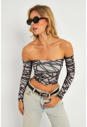 Kadın Gri Desenli Crop Bluz CG378