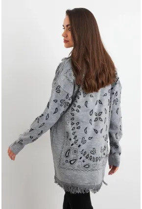 Kadın Gri Desenli Triko Hırka MVI14209