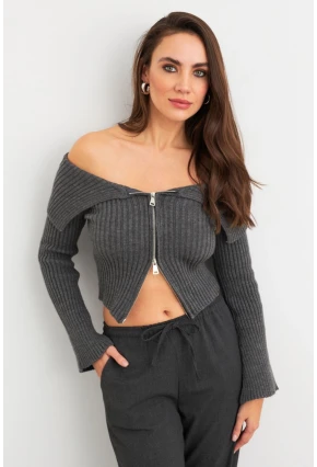Kadın Gri Devrik Yaka Kısa Hırka TEM103