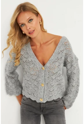 Kadın Gri Düğme Detaylı Hırka YV276