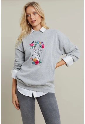 Kadın Gri-Fuşya Nakışlı Sweatshirt YLE20