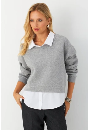 Kadın Gri Gömlek Detaylı Sweatshirt MAYD21