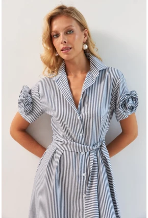 Kadın Gri Gül Detaylı Midi Gömlek Elbise SF12812