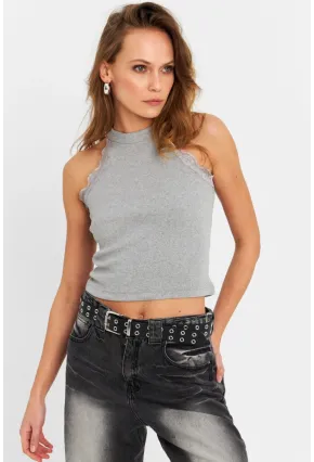 Kadın Gri Halter Yaka Dantelli Bluz MK04