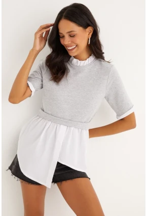 Kadın Gri İkili Asimetrik İki İplik Bluz B1454
