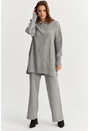 Kadın Gri İnci Düğmeli Triko Alt Üst Takım MNUV33
