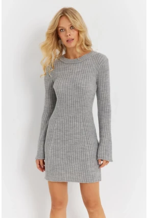 Kadın Gri İspanyol Kol Triko Mini Elbise YV273