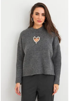 Kadın Gri Kalp Pencereli Kazak TEM101