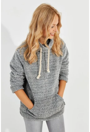 Kadın Gri Kanguru Cep Peluş Sweatshirt Q978