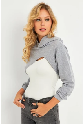 Kadın Gri Kapüşonlu Crop Sweatshirt  TF03