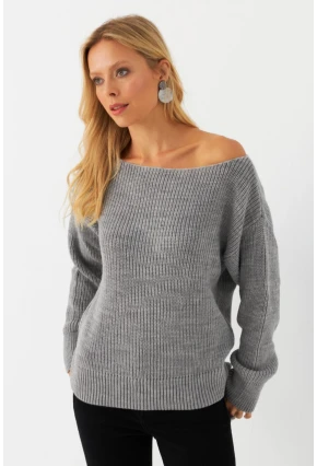 Kadın Gri Kayık Yaka Kazak AYD392