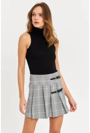 Kadın Gri Kemer Detaylı Ekose Şort Etek FS9473