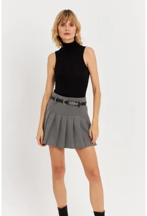 Kadın Gri Kemerli Pilili Mini Etek ELA6024
