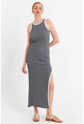 Kadın Gri Kontrast Biyeli Yırtmaçlı Maxi Elbise OR2087