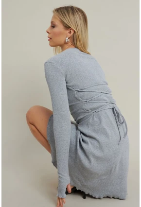 Kadın Gri Melanj Bağlamalı Kaşkorse Mini Elbise FRY2175