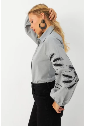 Kadın Gri Nakışlı Balon Kol Gömlek MQS5603